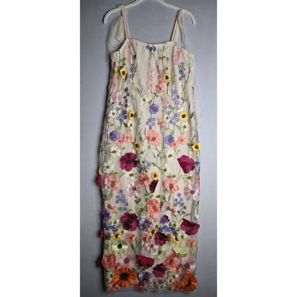 Shein Women XL Floral Embroidered Mesh Midi Dress Adjustable Straps Beige Multi